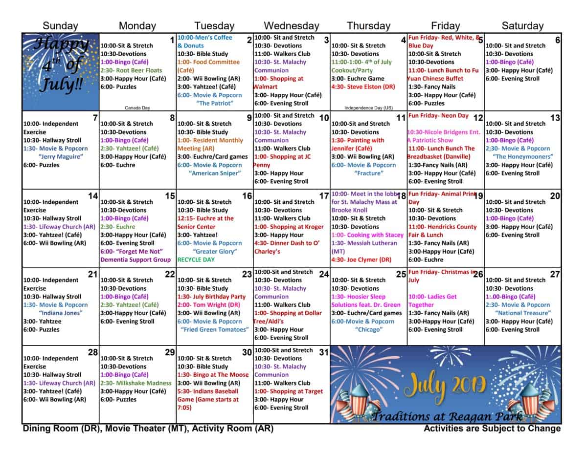 July Calendar: Assisted Living